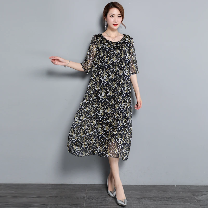 Женское шелковое платье с цветочным принтом свободное шифоновое на весну-лето 2019