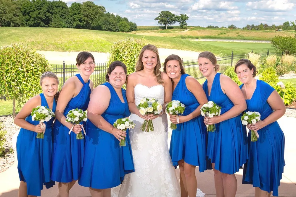 2019 Синее Короткое асимметричное платье подружки невесты платье-трансформер