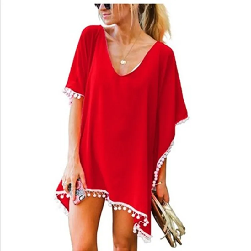 

Casual Women Tassel Dress Multi-color Female Solid Color Summer Beach Cover Sunscreen Dress