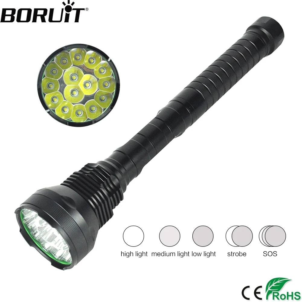BORUiT 15 * XM L T6 светодиодный фонарик 5 режимов жесткий свет 13000LM фонарь IPX6