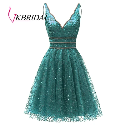Teal VKbridal/блестящее мини-платье с глубоким v-образным вырезом и кристаллами для выпускного вечера, сверкающие платья для выпускного вечера, короткие платья для девочек - Цвет: Teal