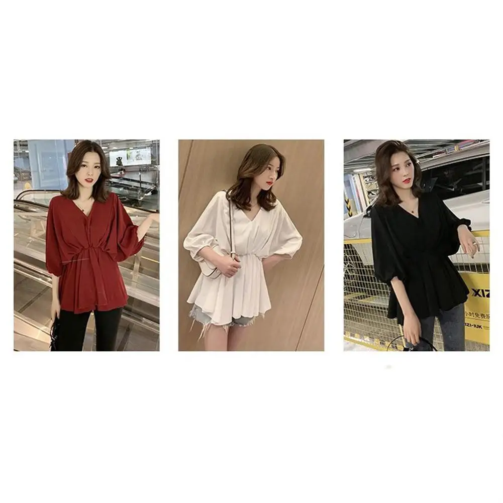 Женская Однотонная рубашка Yfashion большого размера с v образным вырезом на талии