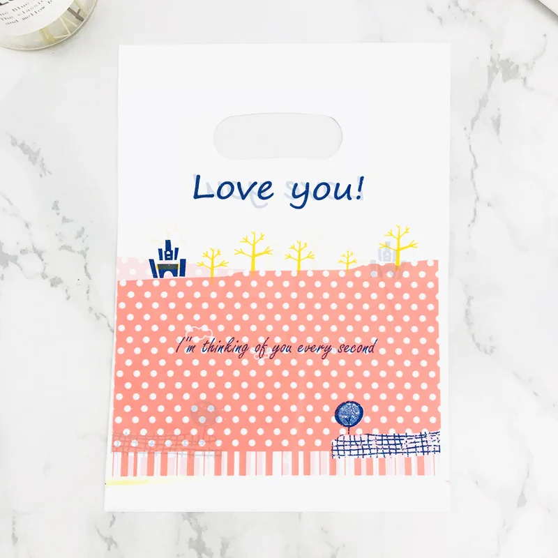 15x20 см с принтом Love you, розовый пластиковый подарочный пакет в горошек с ручками, 100 шт, милый белый пластиковый подарок покупателю
