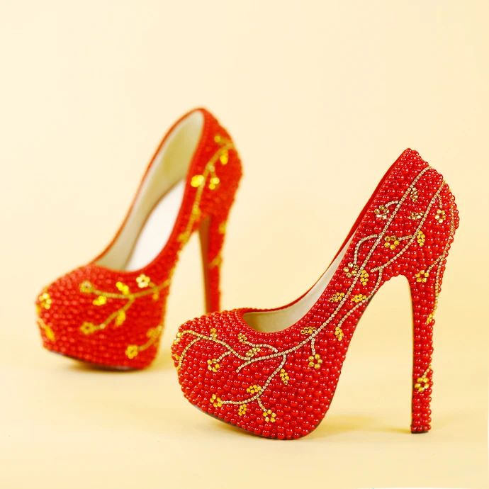 Luxury new arrival wedding shoes round toe handmade bridal red pearl party 8cm/11cm/14cm heel big size | Обувь
