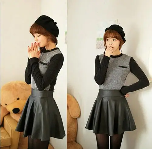 Женская летняя мини юбка с завышенной талией из искусственной кожи|solid color skirt|flared