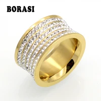 5 row brand crystal jewelry fashoin women men unisex luxury 11mm wide rings wholesale gold color stainless steel wedding rings