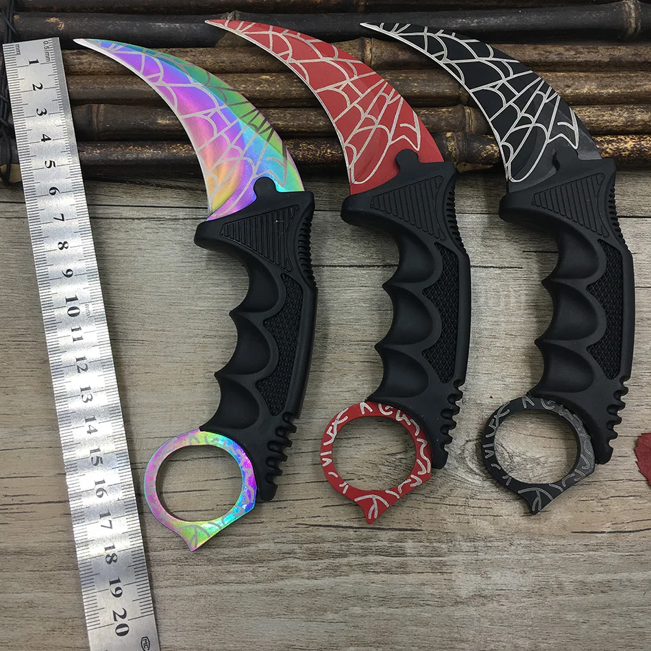 Cuchillo de Karambit con hoja de fijación para campamento, cuchillo de cuello con vaina, diente de Tigre, cuchillo de juego Real, arco iris