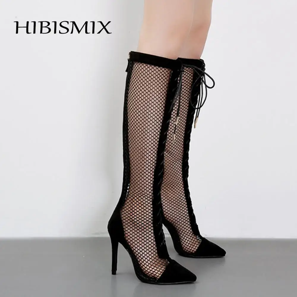HIBISMIX Summer Black Knee High Women Boots Fashion Sexy Lace Up Pointed Toe Women's Thin Heel Shoes 2297 | Обувь