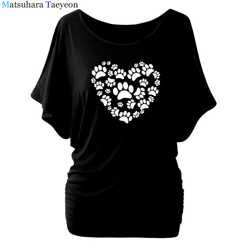 

Fashion Women clothing Cute Dog Paw Print On Your Heart Wall Anime Tee T-shirt Women Top Batwing Sleeve Female clothing t shirt