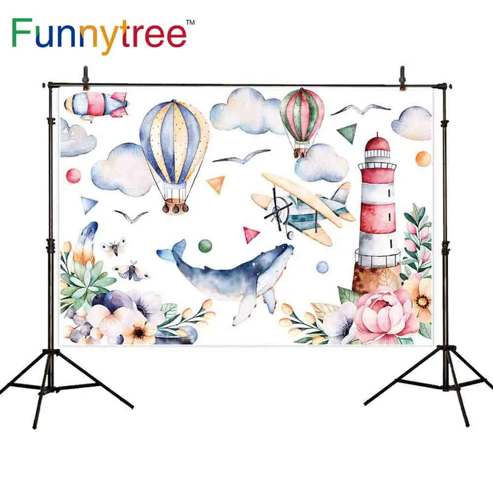 

Фоны для фотосъемки Funnytree белые цвета воздушный шар дельфин цветы Маяк облака ручная роспись