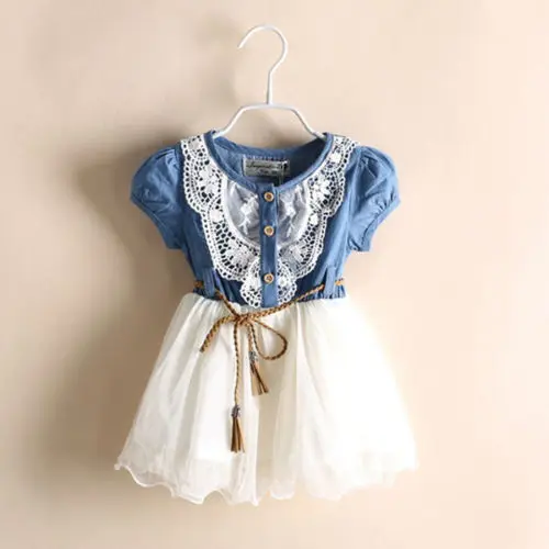 

Girls Baby Lace Belt Tutu Denim Jeans Dress Princess Kids 1-6Y US Ship