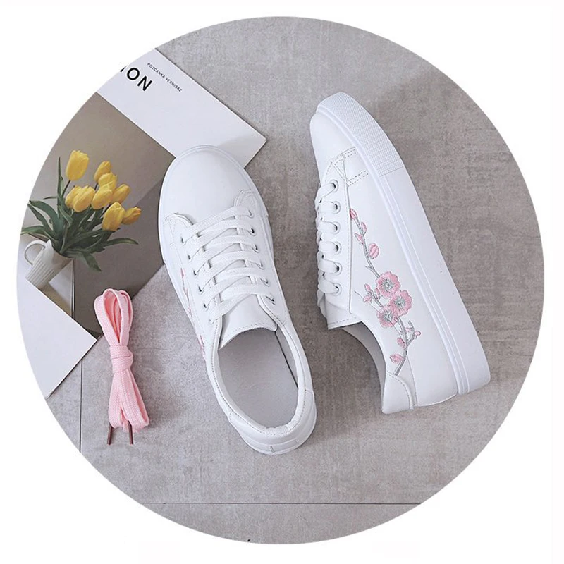 Повседневная Женская модная белая обувь для скейтбординга вышитые кроссовки