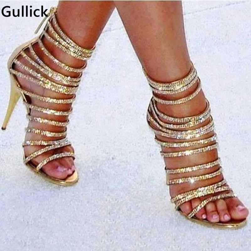 Женские босоножки высокого качества с Блестящими Золотыми кристаллами