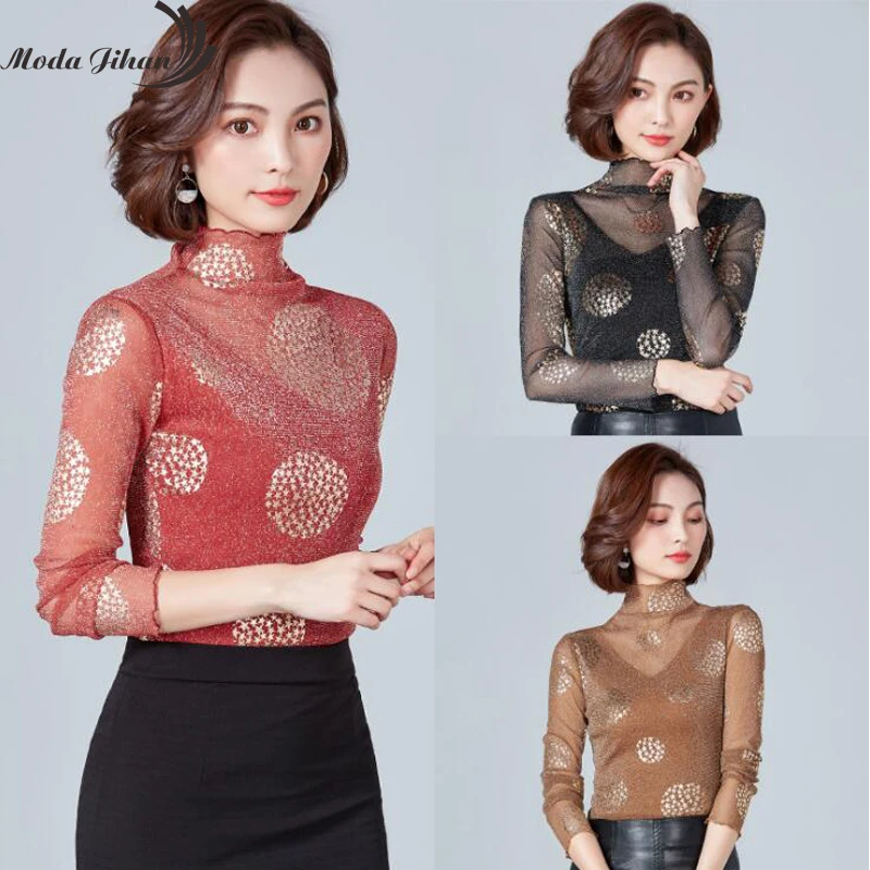 Moda Jihan, женские рубашки, блестящая сетка, кружева, звезды, длинные рукава, Топы И Футболки с внутренней одеждой, тянущаяся рубашка, оборки, обрезка, Топ