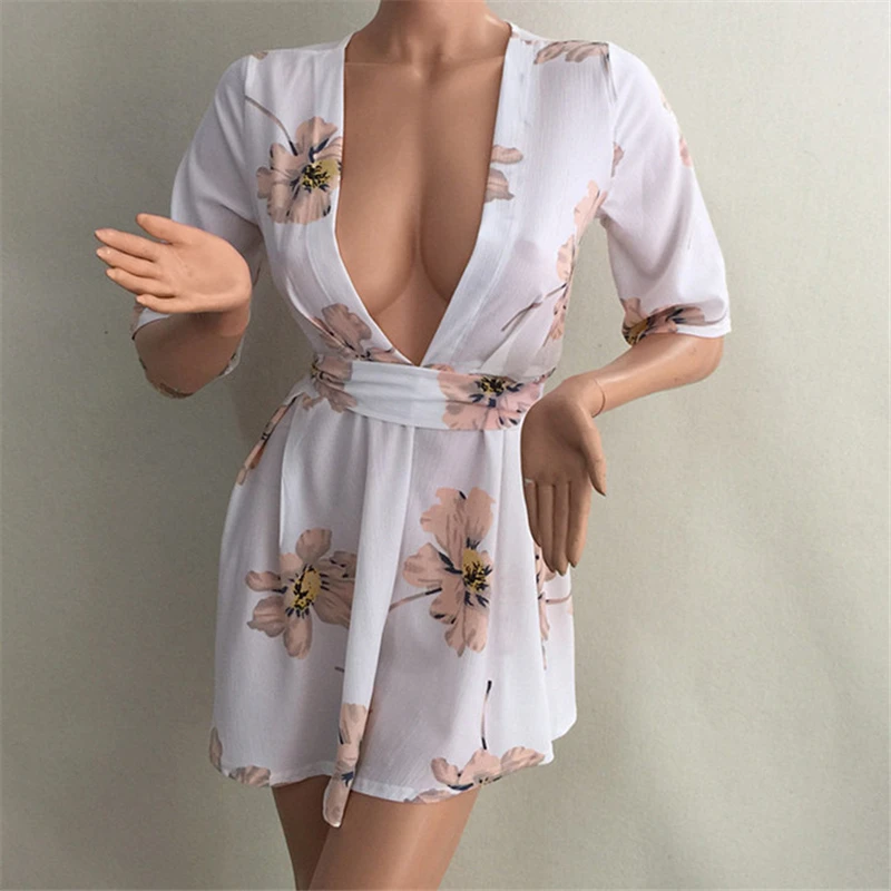 Шифон Комбинезоны Комбинезон глубоким v образным вырезом цветок Цветочный принт