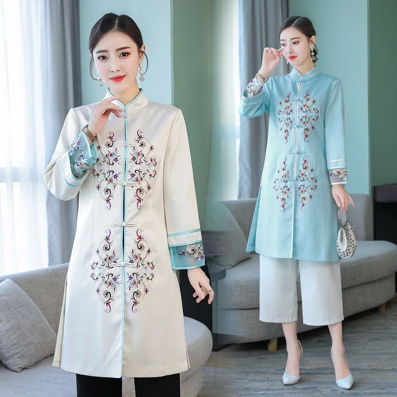 Одежда в китайском стиле Женская длинная рубашка Cheongsam воротник Мандарин халат