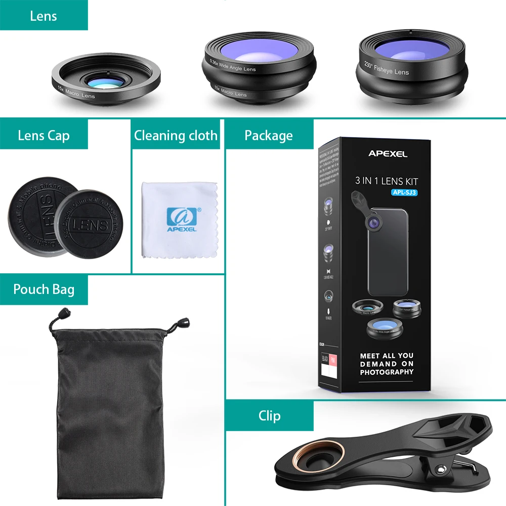 APEXEL camera lens in mobilephone len 3in1 universal fisheye lens+wide angle&ampmacro for iphone7/8 samsung xiaomi smartphone | Мобильные