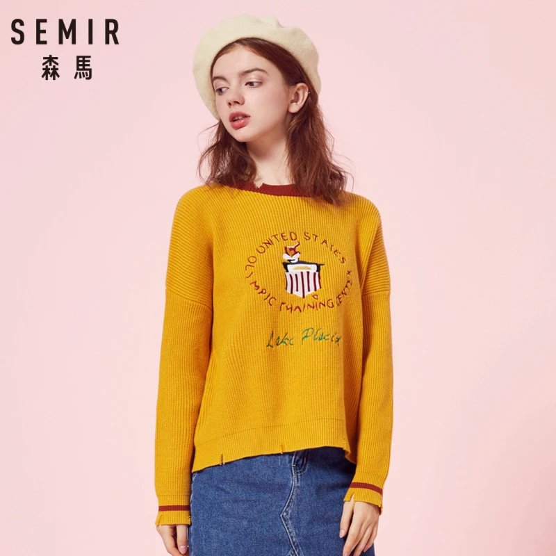 SEMIR Женский вязаный свитер с вышивкой в рубчик контрастной отделкой пуловер