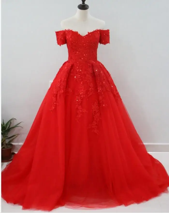 

Red Puffy Ball Gown Saudi Arabic Evening Dress Off Shoulder Appliques Beaded Prom Dress in Dubai Robe De Soiree Kaftan Gowns