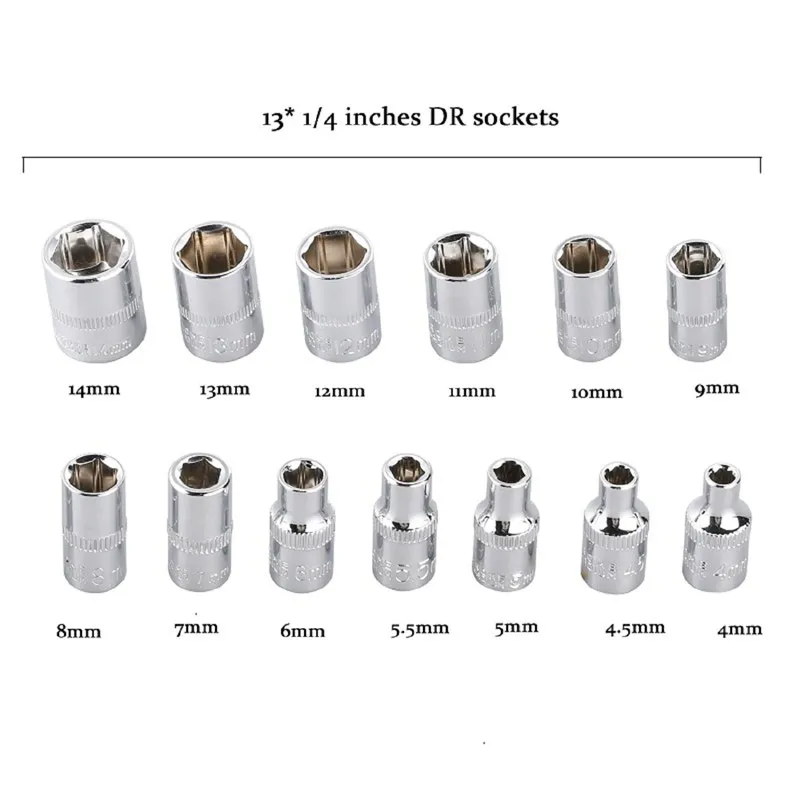 53pcs1/4 дюймовый накопитель Набор торцевых головок, 53pcs1/4-дюймовый Инструменты для ремонта автомобилей ключ с храповым механизмом привода Набор торцевых головок разъем для шлица «звездочка» Набор торцевых гаечных ключей