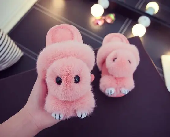 Pink Домашняя обувь для родителей; удобные детские тапочки с кроликом из мультфильма; теплая мягкая плюшевая обувь для спальни; детские тапочки для мальчиков и девочек - Цвет: Pink