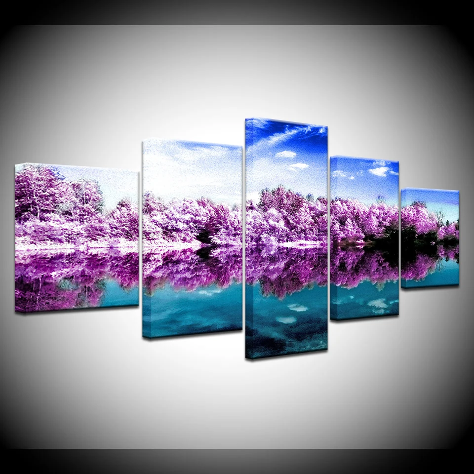 

The purple forest landscape 5 Piece Canvas Wallpapers modern Poster Modular art painting for Living Room Home Decor