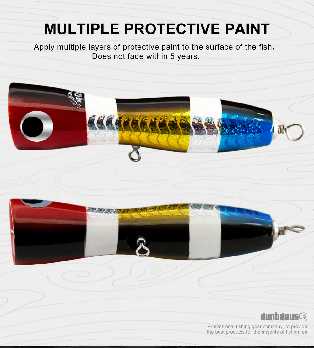 HuntHouse Wooden lure fishing popper Topwater Handmade Fishing Trolling Baits Spitter GT Surface Popping Lures durable swimbait