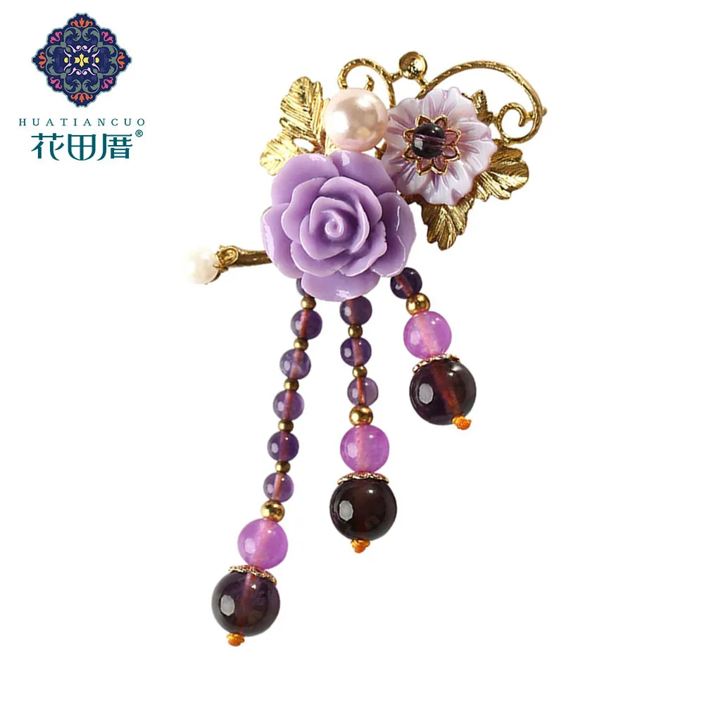 

Vintage Purple Flower Brooch Golden Alloy Leaf and Vine Women Brooch Fashion Pearl Beads tassel Brooch XZ-18010