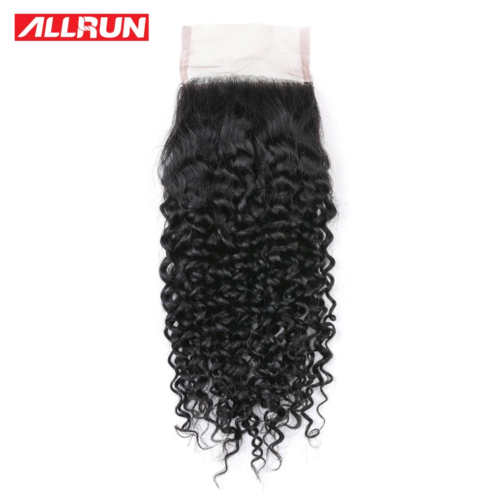 Allrun Kinky Curly кружева закрытия человеческих волос бесплатно/средний/три части 4x4