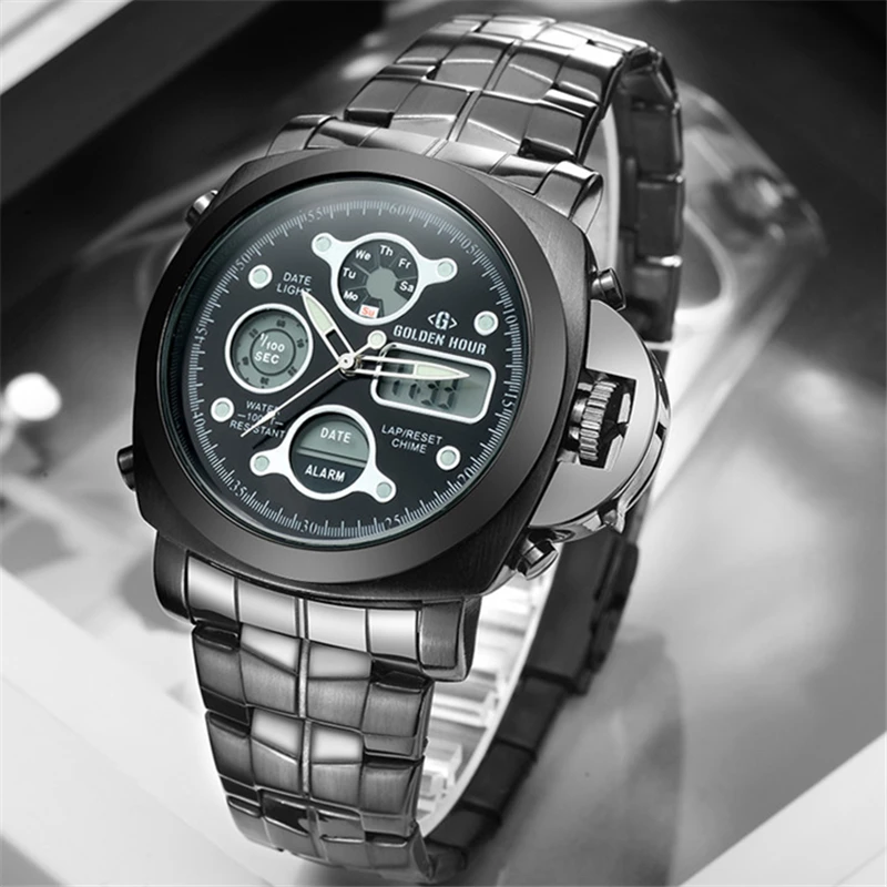 Мужские Аналоговые кварцевые часы Origina полностью черные стальные с золотым часом