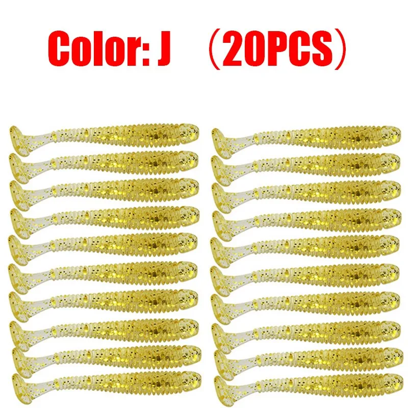 20 шт. воблеры, силиконовая Мягкая приманка, червь, спиральная приманка для ловли карпа, мягкие приманки 45 мм, 0,7 г, плавающие приманки, снасть искусственные резиновые приманки - Цвет: J