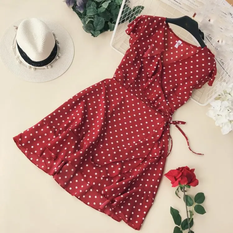 Fashion 2019 Women Polka Dot Dress Ruffled Trim Summer Chiffon Chic Cross Lacing Up V-Collar Mini | Женская одежда