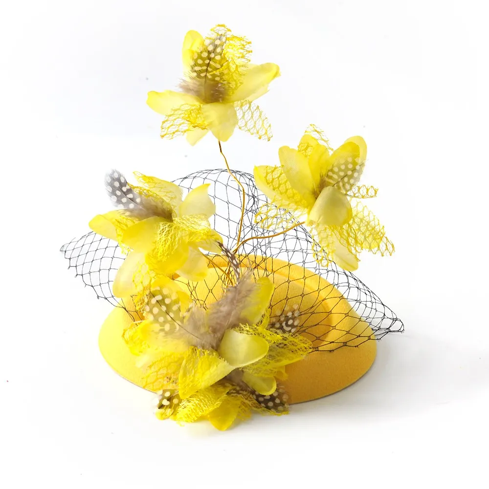 

16design Choose Women Yellow Handamde Feather Fascinators Pillbox Hat Hair Clip Veil Headwear Hairpieces Wedding Party Accessory