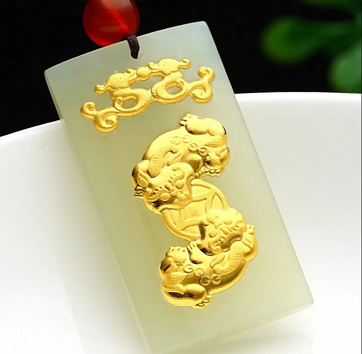 

100% Natural Nephrite Hetian and 24K Yellow gold Dragon Son Pendant