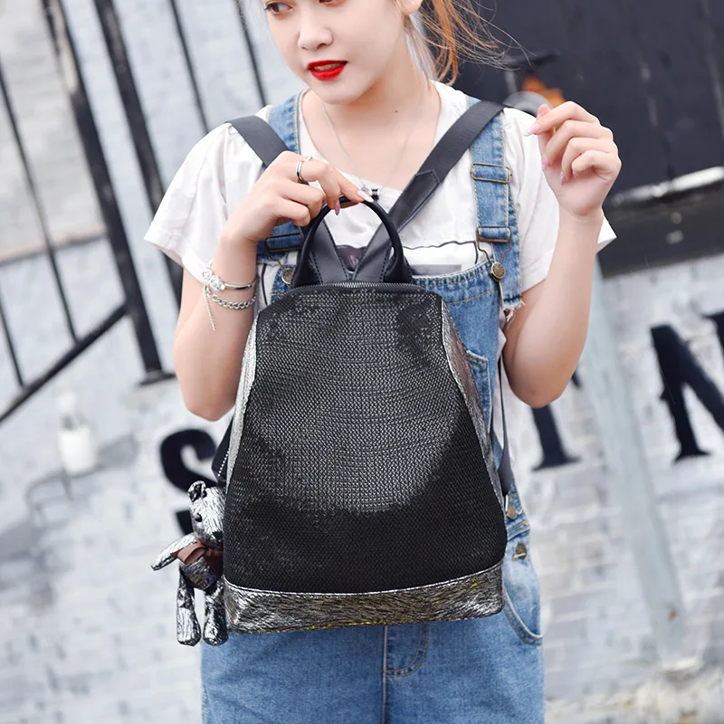 Модный Блестящий рюкзак для женщин с медведем Черный Маленький милый Mochila Feminina