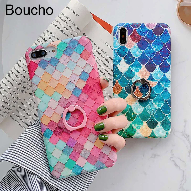 Boucho Colorful Ainbow Mermaid Scales Pattern Case For Apple iphone XS MAX XR X 7 8 plus 6 6s Phone With Finger Ring |