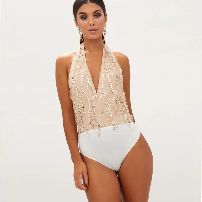 Женские сексуальные новые боди с v-образным вырезом и кисточками блестками
