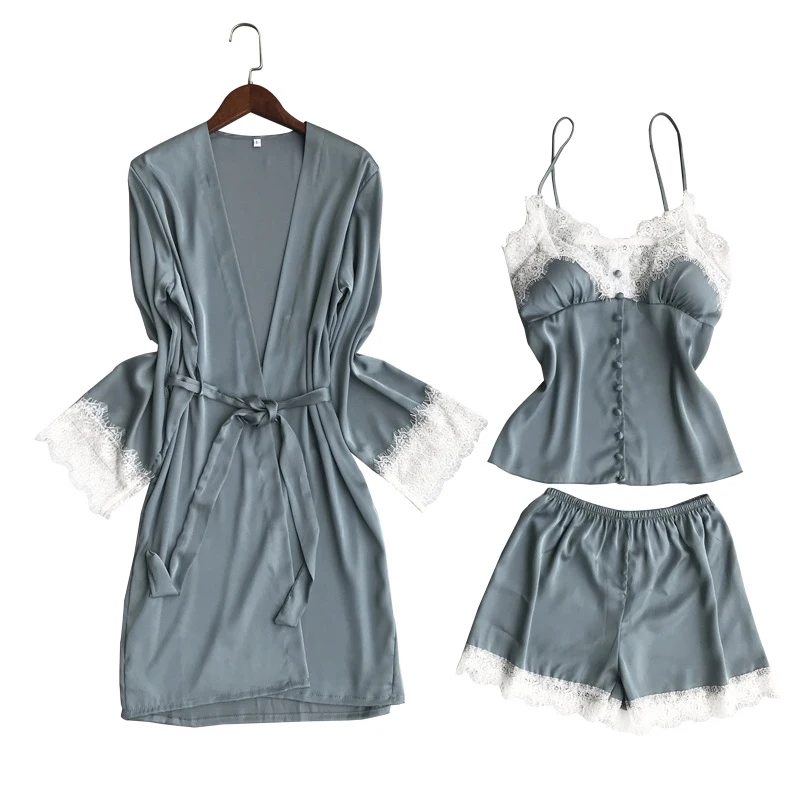 Женский пижамный комплект из 3 предметов: сатинового шелка и шорт на тонких