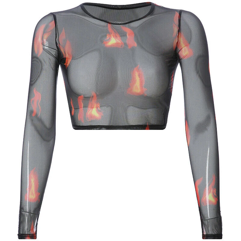 Женские сексуальные сетчатые укороченные топы рубашки футболки с принтом огня