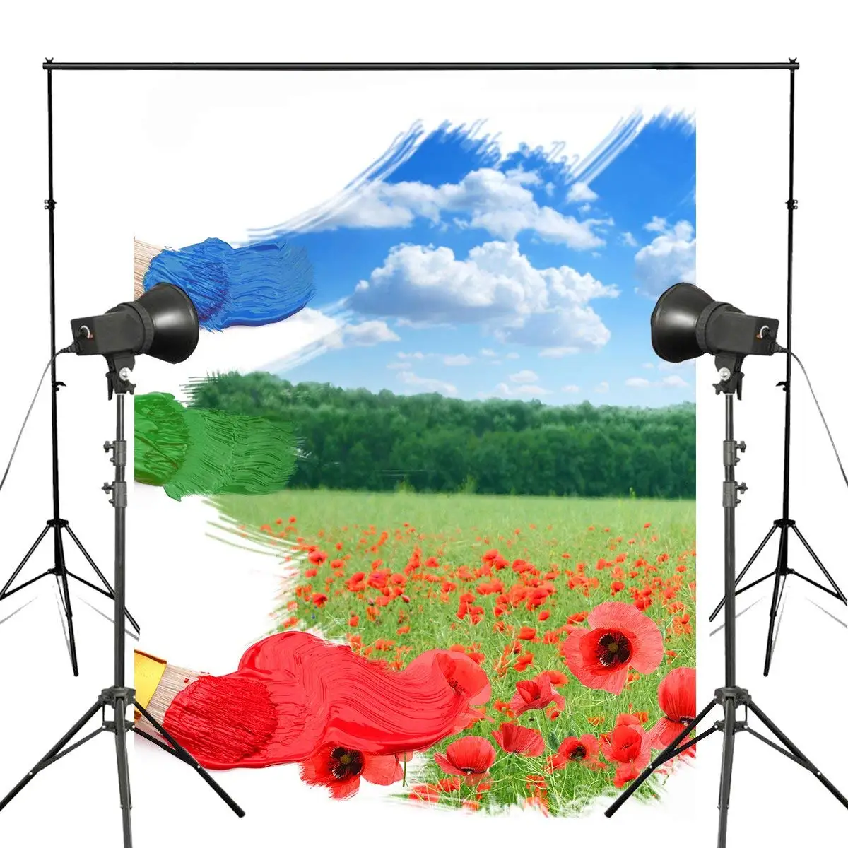 Изысканный фон для фотосъемки с изображением голубого неба красными цветами