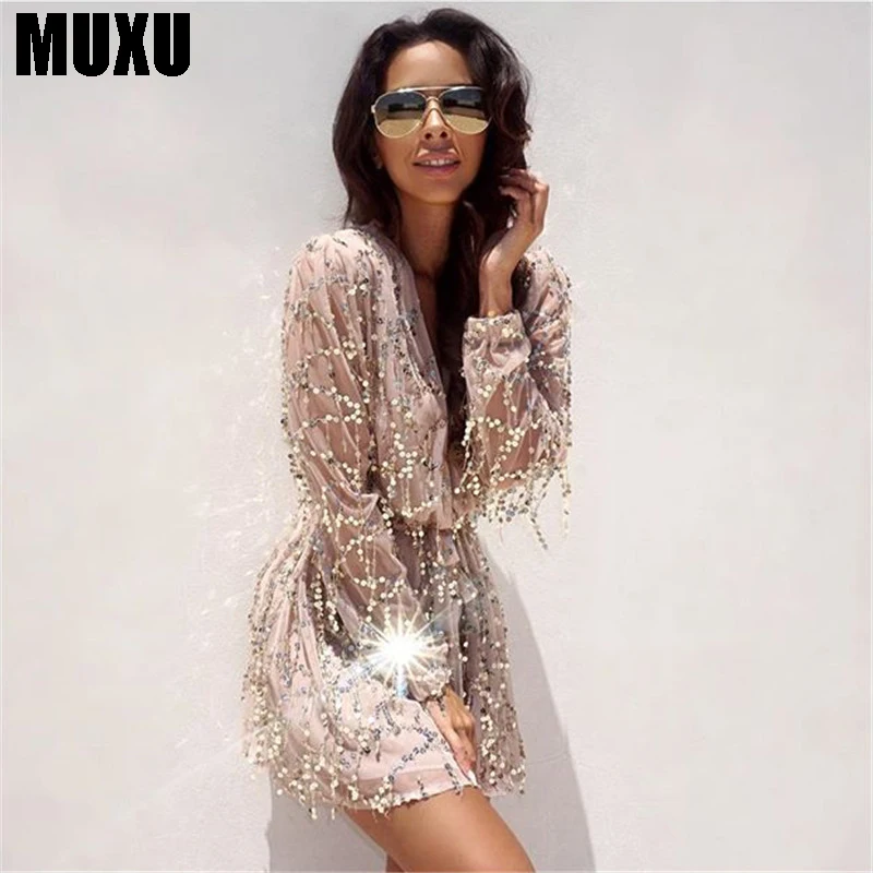 MUXU сексуальный летний женский комбинезон с золотыми блестками блестящий длинным