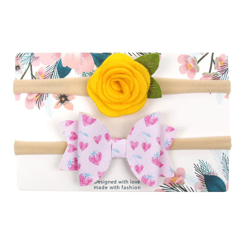 AHB 2Pcs/set Headband for Baby Girls Cute Felt Flower Print Leather Hair Bows Newborn Elastic Head Band Birthday Kids Headwear