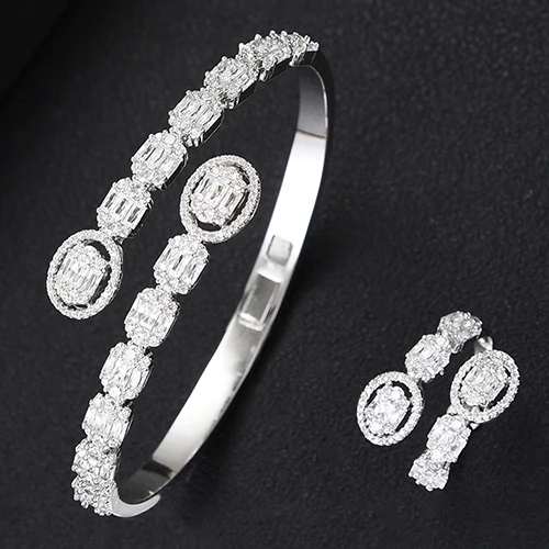 H056A Silver Godki роскошный модный комплекты украшений для женщин свадебный Циркон Кристалл CZ Дубай Свадебный браслет кольцо наборы aretes de mujer модерас - Metal color: H056A Silver