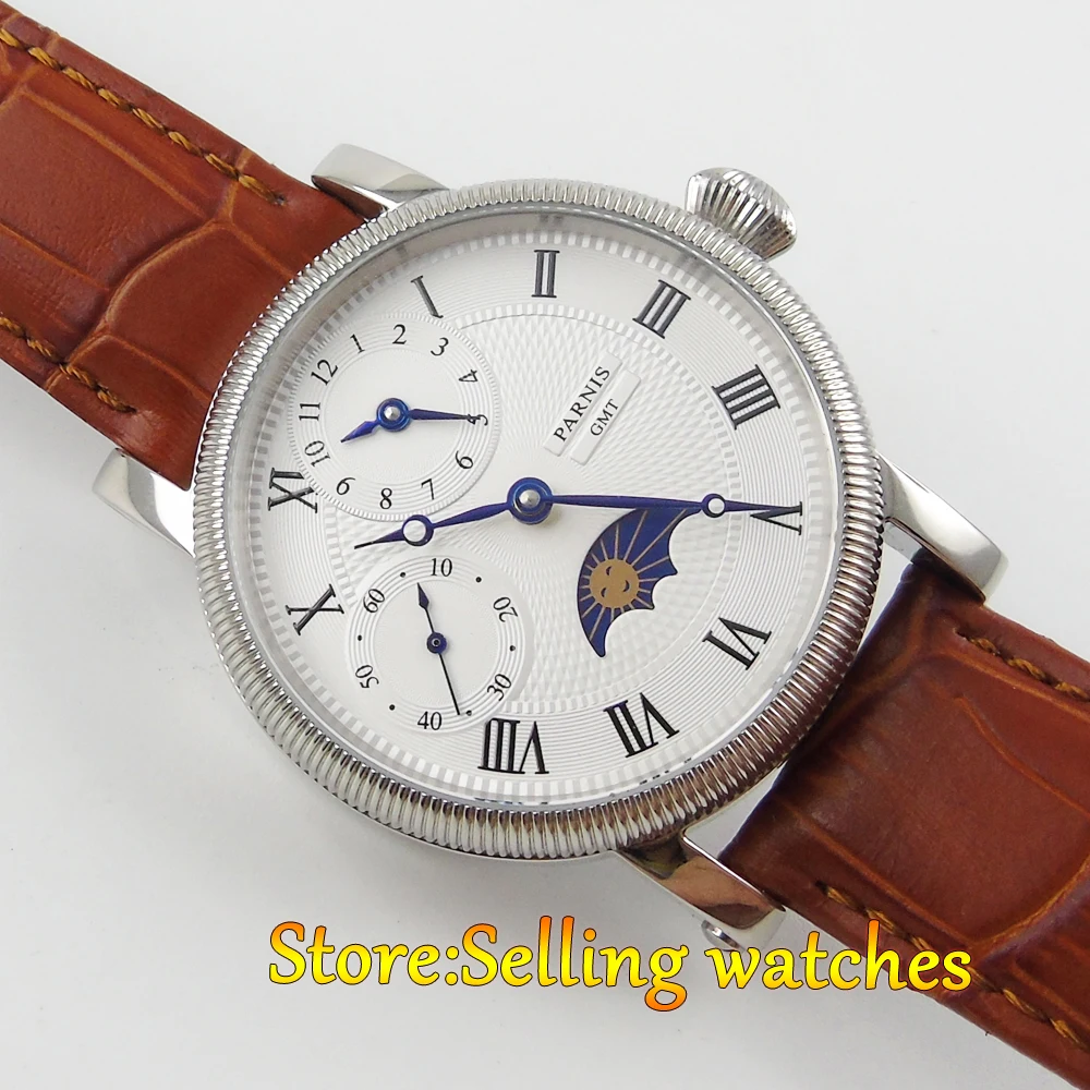 42 мм Мужские наручные часы Parnis с белым циферблатом Moon Phase GMT