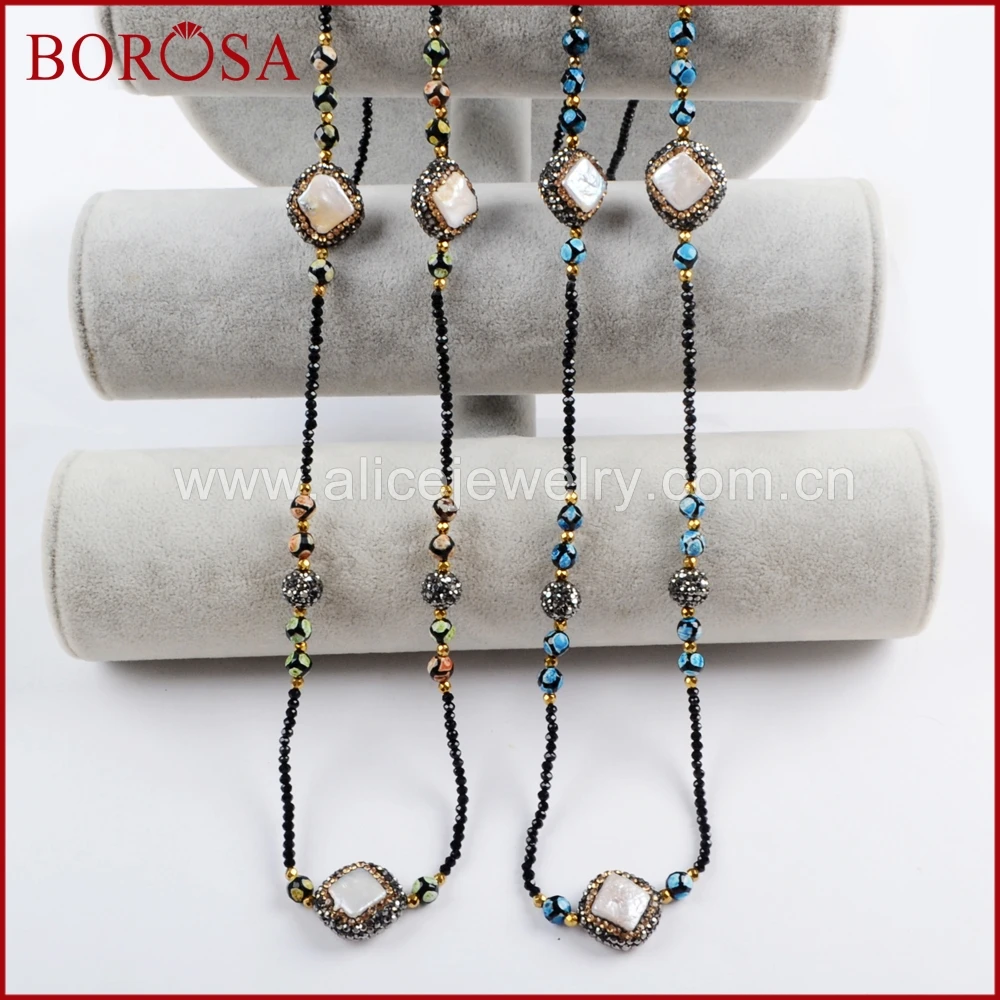 BOROSA 3 шт. модные 36 дюймов длинные черные бусины ожерелье кристалл паве
