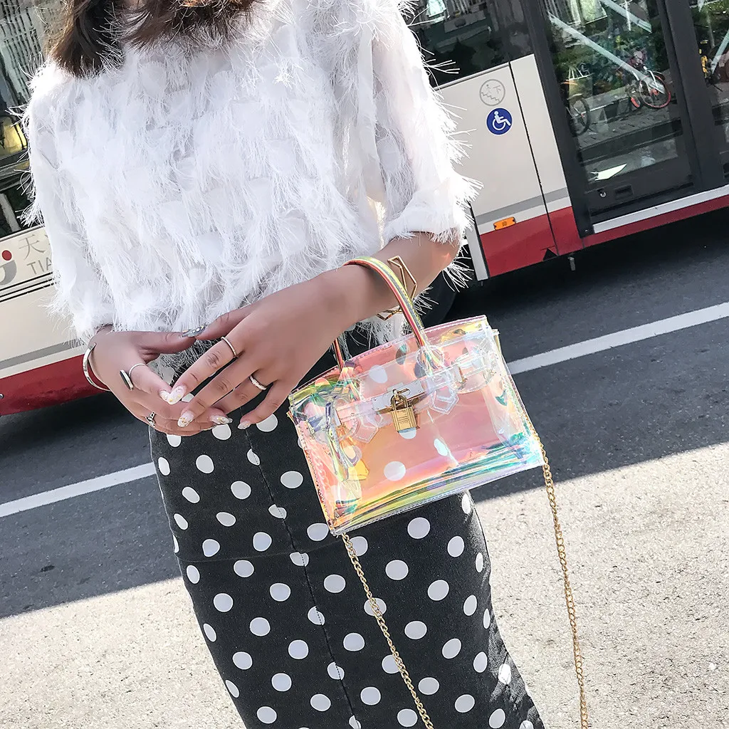 Женская прозрачная сумка-мессенджер с блестками водонепроницаемая цепочкой на