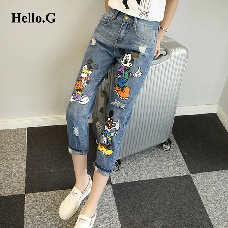 2017 рваные джинсы с мультяшным принтом для девочек Свободные повседневные
