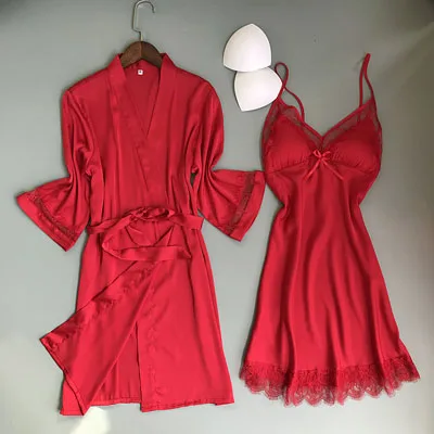 red set Fiklyc брендовый Женский комплект для сна и отдыха из двух частей, халат и платье, сексуальный кружевной и Атласный Женский мини-халат, набор - Цвет: red set