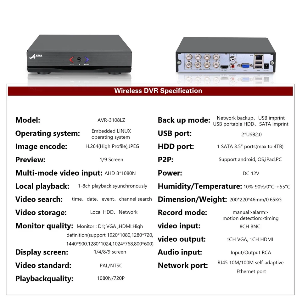ANRAN 8CH Гибридный 1800N HD AHD DVR 1800TVL 720 P Водонепроницаемый Открытый 24 ИК-День Ночь CCTV