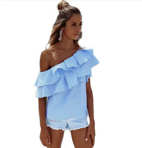 2017 Ruffles Off Shoulder Women Blouse Shirts Blue Pink Striped Irregular Sexy Tops Clothing Ladies Casual Summer Blusas 17201 |